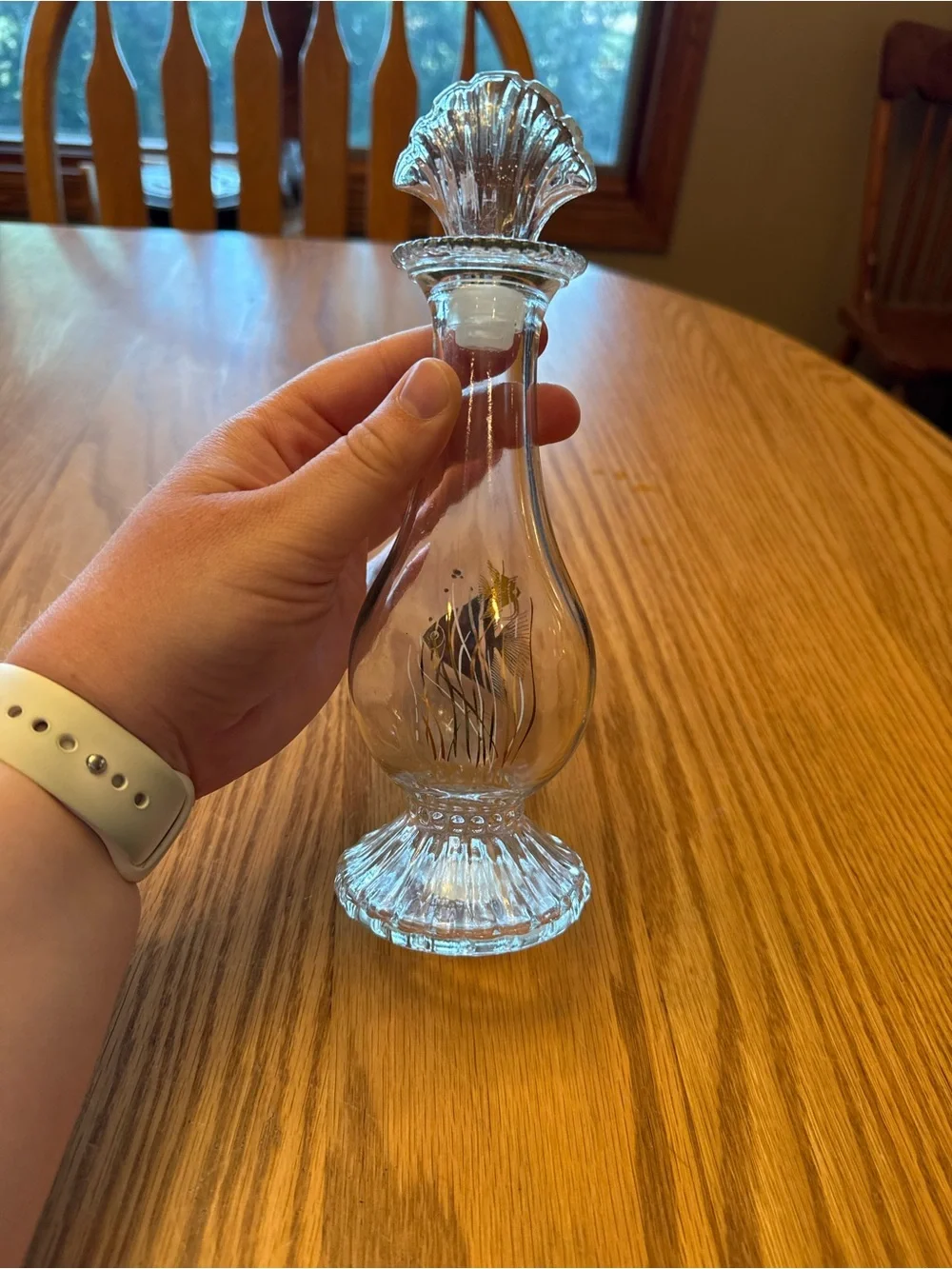 Vintage Clear Glass Avon Bottle/Bud Vase with Etched Fish Motif